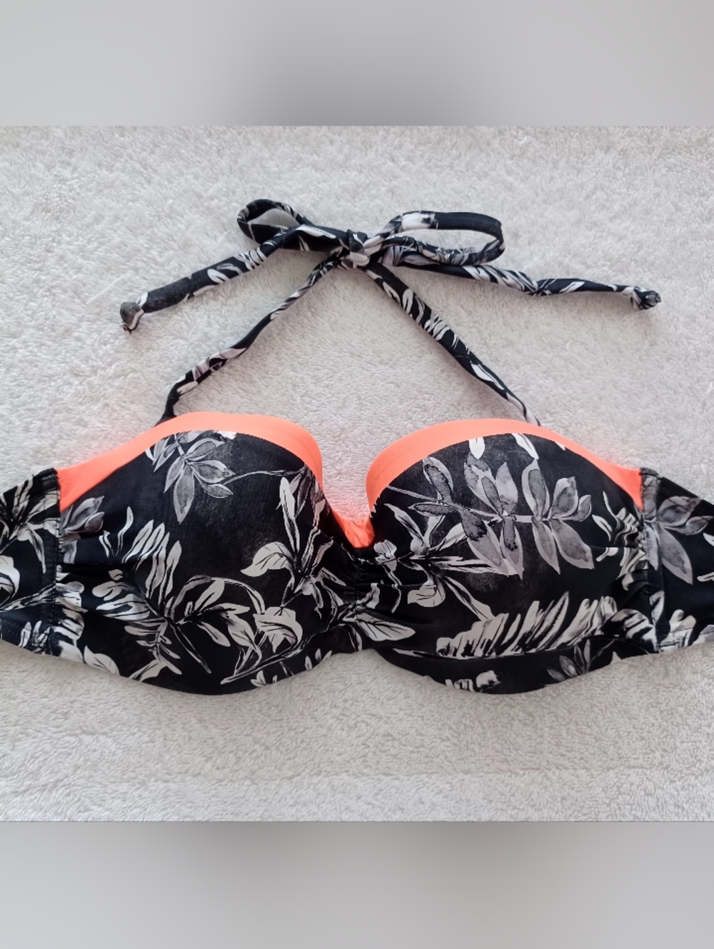 Lascana Sunseeker Black Floral Bandeau Bikini Top with Coral Trim - Tropicoral